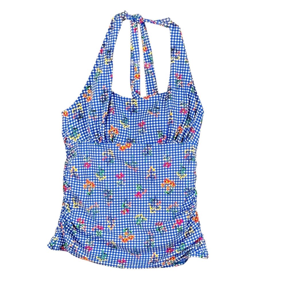 Lands’ End NWT Halter Tankini Swim Top Blue Gingham Floral Botanical Sz 6